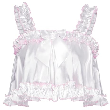 Satini Caraco Sissy Satin Bords à Volants Nœud | Bande Élastique Poitrine, Bretelles Larges, Bas en Étages, Coupe Inclusive, Pièce Fantaisie, Tailles S-XXL