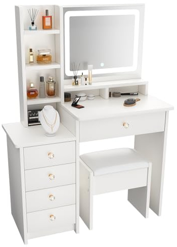 ZenkiHome Dressing Table with LED Mirror and Stool, 90cm White Vanity Desk