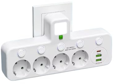 Regleta de pared con 4 enchufes EU, 2 puertos USB, 1 puerto tipo C, interruptores individuales (4p + USB blanco)