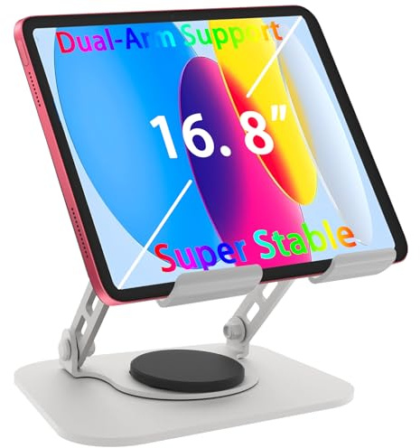 TAPMEI 360° Rotation Tablet Stand, Dual-Arm Support iPad Holder, Silvery
