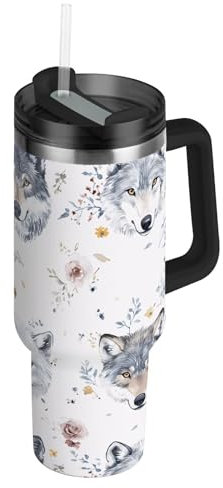 linqin Aesthetic Cute Wolfs - Vaso aislado con tapa y popote, botella de agua corriente de 40 onzas, taza de té reutilizable para senderismo, deportes, campamento