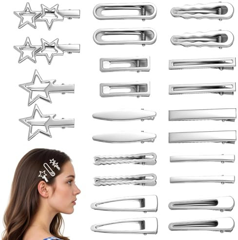 EnixwH 24 Stück Haarspangen Damen Klein Haarspange Metall Star Hair Clips Haarklammer Silber, Silberne Rutschfeste Haarspangen mit Ausgehöhlten Sternen, für Party Hochzeit Tägliches Kleid