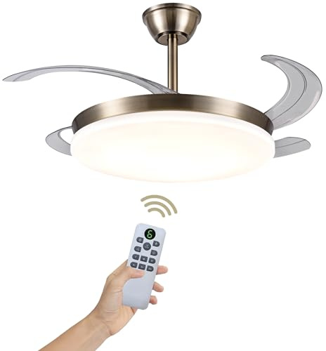 LUMIKING Ventilador de Techo Luz LED 48W Retráctil y Silencioso - Lámpara Ventilador Aspas Plegables con 3 Tonos de Luz (3000-4000-6000K) - 6 Velocidades, Memoria, Modo Verano Invierno, Ø92 cm