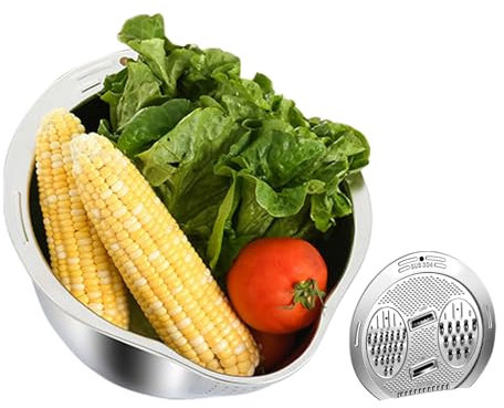 Bol À Laver Le Riz Avec Passoire Inox, Passoire Cuisine, 5.3x8.86x8.74 In, Le Couvercle À Tamis Est Équipé D'un Dispositif De Coupe Pour Couper Les Légumes Et Les Fruits En Fines Lamelles Ou Tranches