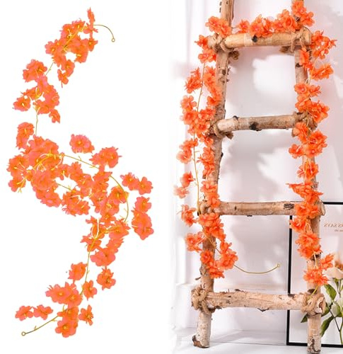 Qivra 2 Pezzi Fiori di Ciliegio Artificiali, Arancione Rami Fiori di Ciliegio Finti 1,8M, Ghirlanda di Flor 135 Fiore per Matrimoni Feste Giardini Stanze Decor