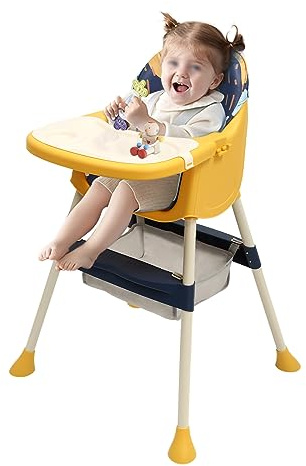 Trona, trona para bebé con bandeja doble, trona ajustable para niños con reposapiés y bandeja de comida, cinturón de seguridad de 3 puntos, silla para bebé para bebés, niños y niñas (amarillo, azul)