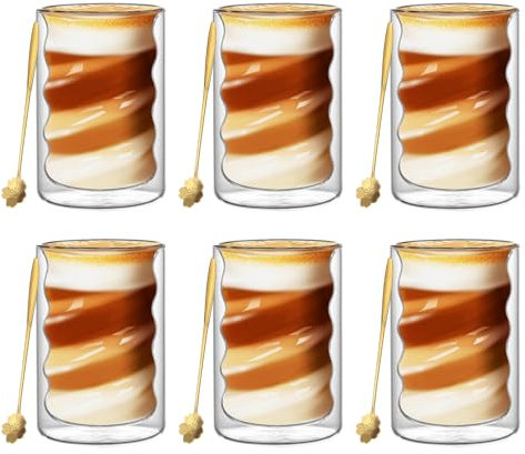 Set di 6 Tazze da Caffè in Vetro Cappuccino A Doppio Strato da 375ml, Latte Macchiato, Tazze in Vetro Borosilicato Trasparente con 6 Cucchiai, Adatte per tè, Latte, Cappuccino, Espresso, Succo