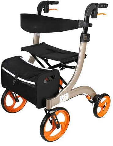 zxmeimm Electric Wheelchair Folding Rollator Walker with Dual Brakes, Seat and Detachable Storage Bag, Adjustable Height Champagne-Withoutpedals