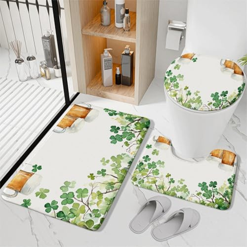 Bad Teppiche Set Orange Grüne Blätter Badezimmerteppich Waschbar WC Vorleger mit Ausschnitt und WC Deckelbezug 3 Teilig Badematte rutschfest Toilettensitzbezug Badgarnitur 45x75 cm