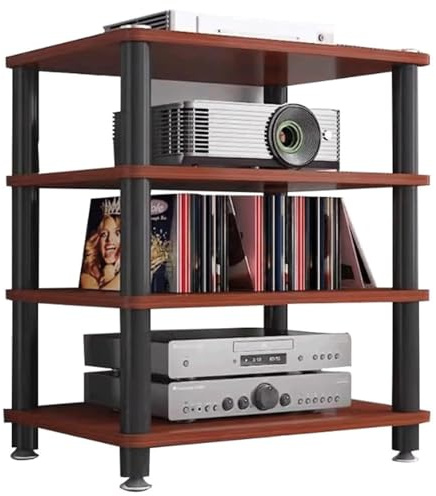 KUddYYKi Audio Rack Wooden Stereo Rack Audio Equipment Rack Audio Open Rack Cabinet HiFi Rack Audio-Video Shelving Shock-Absorbing Feet(Rot,4 Tier)