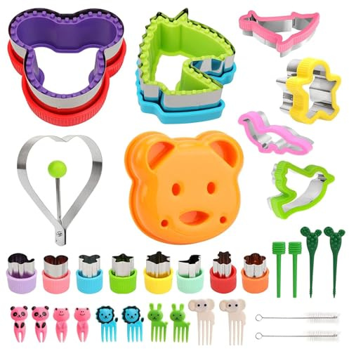 Sandwich Cutters for Kids, 32 Pack Cookie Cutters for Kids, Vegetable Cutters for Kid Set, Stainless Steel Fruit Shape Cutter Cute Fruit Mold with 10 Fruits Animal Picks for Kid Baking Tools
