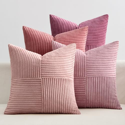 EMEMA Kissenbezug Kordsamt Patchwork Kissenhülle 45x45 Rosa Serie | 4er Set Zierkissenbezug Dekokissen Sofakissen Kord Dekorative Kissen für Sofa Sessel Zuhause Schlafzimmer