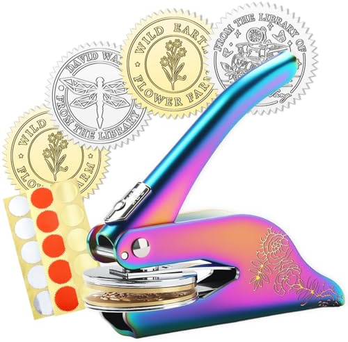 Prägestempel Personalisiert, Mit 100 Aufkleber, Buchstempel, Buchpräger mit eigenem logo, Messing, mit robustem Stahlgehäuse, für Bücher, Bibliothek, Hochzeit Einladung, Umschläge, Notarsiegel
