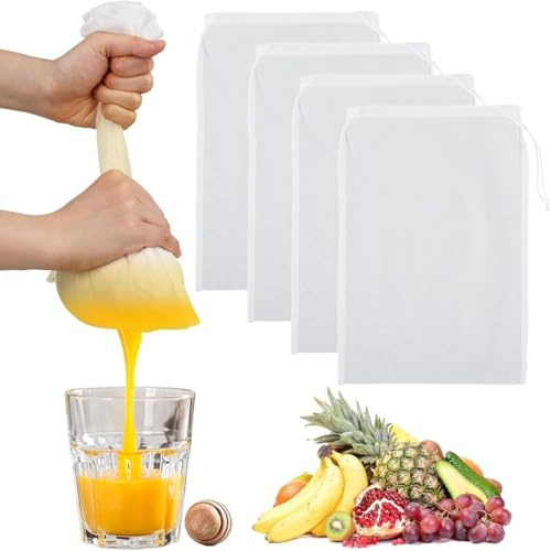 COYUN 4 Stück Nussmilchbeutel,Passiertuch Wiederverwendbar, 20 × 30 cm Feingewebt Passiertuch Nylon Filterbeutel Nussmilchbeutel Bio Waschbar mit Kordelzug für Nussmilch Käse Kaffee Joghurt Fruchtsaft