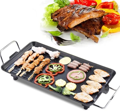 Barbecue Électrique 40x24cm, Grille de Cuisson avec Chauffage Uniforme, Plancha Double Zone pour Viandes et Légumes, Poêle Électrique Compacte avec Poignée Anti-brûlure pour Maison Appartement Fête