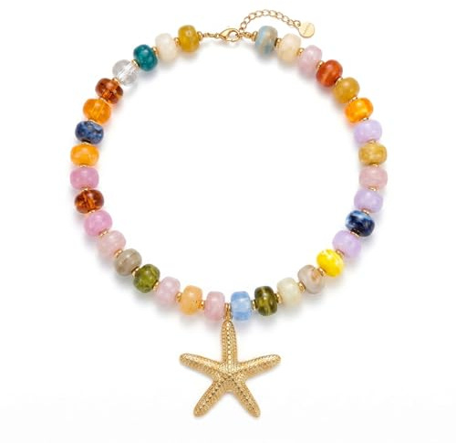 KOFISNI Färgglad tjock pärlstav snäcka sjöstjärna halsband för kvinnor blå tjock pärlstav kraghalsband guld sjöstjärna snäcka halsband sommar strand smycken gåva
