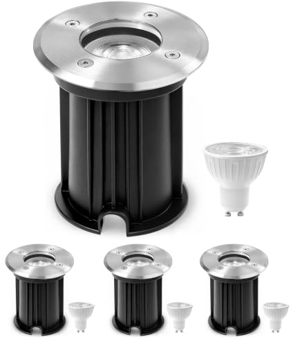 GeyouLux Runder Bodenstrahler Außen, mit 6W GU10 Leuchtmittel, IP67, 4 St | 2700K Warmweiß, LED überfahrbarer Edelstahl Bodeneinbaustrahler für Rasenflächen, Einfahrten, Terrassen, Gärten