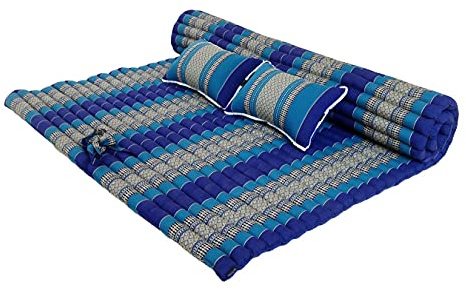 Traditional Thai Kapok XXL Roll-Up Meditation Mattress with 2 Matching Support Pillows for Yoga Massage or Relaxation (Light Blue, Dark Blue)