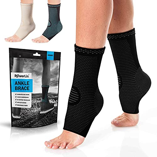 POWERLIX Sprunggelenkbandage 2 Stück, Professionelle Knöchelbandage für Damen/Männer Kompressionssocken Fußbandage für Plantarfasziitis, Arthritis, ACL, Gelenkschmerzen,Fersensporn, Sport, Schwarz, S