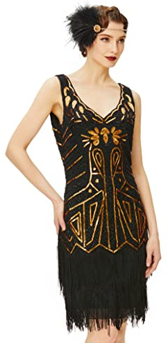 BABEYOND Damen Retro 1920er Stil Flapper Kleider mit Zwei Schichten Troddel V Ausschnitt Great Gatsby Motto Party Kostüm Kleider- Gr. S (Fits 74-84 cm Waist & 92-102 cm Hips), Gold Schwarz