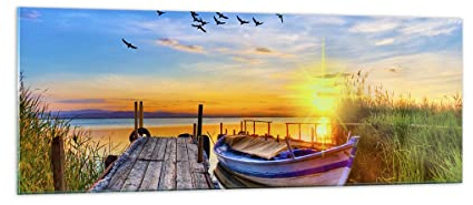 ARTTOR Glasbild 140x50cm Wandbild Glasdruck Landschaften Maritim - 3983 | See Boot Wasser Panorama Groß XXL Modern Dekoration Wohnzimmer Schlafzimmer Küche Wanddeko Kunstdruck Art Wall Decor ARTTOR