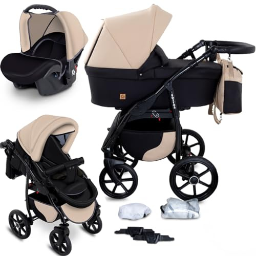GaGaDumi Boston Passeggino Trio 3 in 1 - Carrozzina Passeggino e Seggiolino Auto Sistema di Viaggio Completo per Neonato e Bambino Leggero e Compatt Include Accessori Beige Nero