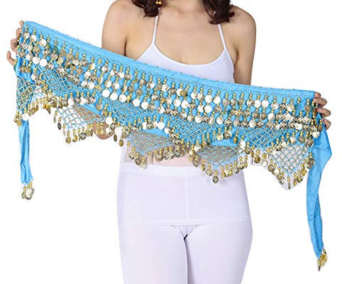 YAOTT Damen Belly Dance Bauchtanz Kostüm Gürtel Tanztuch mit Münzen Hüfttuch Hüftgürtel Münzgürtel blauer See One Size