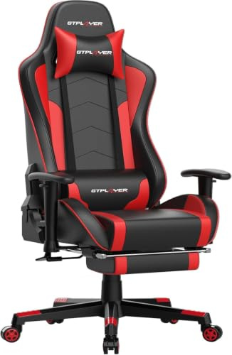GTPLAYER Gaming Stuhl mit Fußstützen Lautsprecher Bluetooth Musik Computerstuhl Schreibtischstuhl Stuhl Ergonomischer Schwarz-Rot，Maximale Tragfähigkeit 200 kg