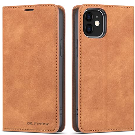 QLTYPRI Hülle für iPhone 12 Mini, Premium Dünne Ledertasche Handyhülle mit Kartenfach Ständer Magnetverschluss Flip Schutzhülle Kompatibel mit iPhone 12 Mini (5,4 Zoll) - Braun | Retro PU Leder Klapphülle, Handyhülle mit 3 Kartenfächer, Standfunktion, Weicher Dünne TPU-Rahmen, Stoßfeste Flip Wallet Case