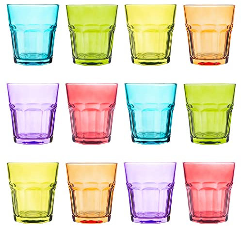 Rink Drink Coloured Water Glasses - 305ml - Set of 12 Drinking Glasses Dishwasher Safe Tumbler Cups Multicolour Stackable Drinkware for Celebration, Parties