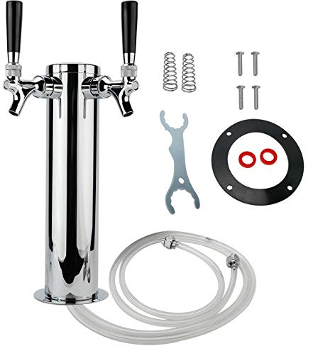 LuckyHigh Double Faucet Draft Beer Tower, Two Tap Stainless Steel Polished Beer Kegerator Tower with 3 Column for Home Brewing