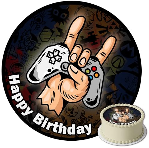 J&M DECO Decoration Gateau Anniversaire - Decoration Gateau Fondant - Décoration Coméstible Gamer Motif - Cake Topper Rond 20 cm - Décoration avec Papier Comestible - Deco Anniversaire Gateau