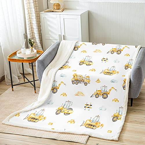 Loussiesd Kinder Niedlich Bagger Kuscheldecke Jungen Fahrzeuge LKW Auto Wohndecke Maschinen Bulldozer Kran Stil Decke 100x130cm Baustelle Flanell Fleecedecke Gelb Weiß Zimmer Dekor