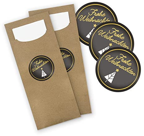 itenga 24x Bestecktaschen Kraftpapier braun Frohe Weihnachten schwarz weiß gold Pochetten inkl. Serviette und Sticker Aufkleber Tischdeko Einweggeschirr