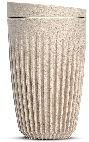 HUSKEE Coffee Cups with Lids - Reusable Coffee Cup with Unique Fins for Espresso, Cappuccino, Americano, Mocha - Insulated & Portable Latte Cups Made with Repurposed Coffee Husks (Natural, 12oz)