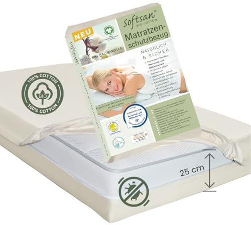 Softsan Encasing für Matratzen aus Bio Baumwolle | bis 25 cm Höhe | Schutzbezug für Allergiker| Anti Milben Schutzbezug | Weltneuheit | Viele Größen (90 x 200 x 25 cm)
