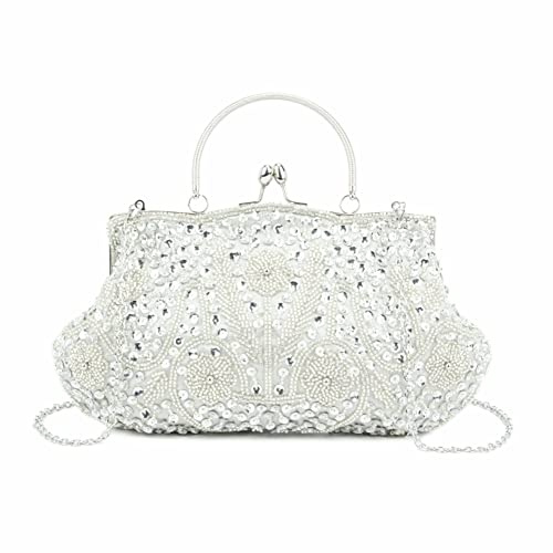 Emprier Damen Vintage Perlen Pailletten Abend Clutch Pailletten Blumen Handtasche Party Hochzeit Geldbörse Geldbörse, silber