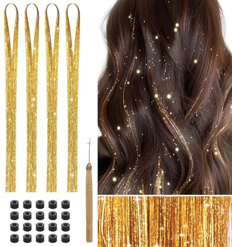 800 Glitzer Haarsträhnen Lametta für Haare 120 cm Tinsel Hair Extensions Glitter Glitzersträhnen Haarverlängerung Fairy Haarlametta Haarextension Kit (Golden)