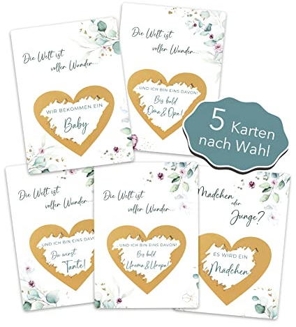 Joli Coon 5 Rubbelkarten nach Wahl, mit Kuvert, mit Kuvert | 350g Designerpapier, fühlbare UV-Lack-Veredelung, grünes Steckkuvert mit goldenem Herz, Premium-Papeterie