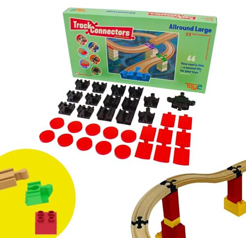 TOY2 Allround Large mit 33 Schienenverbindern Kompatibel mit BRIO Eisenbahn & Duplo Bausteine - Bauset 6 Verschiedene Track Connectors - Nachhaltige Holzeisenbahn und Holzschienen Set Verbinder