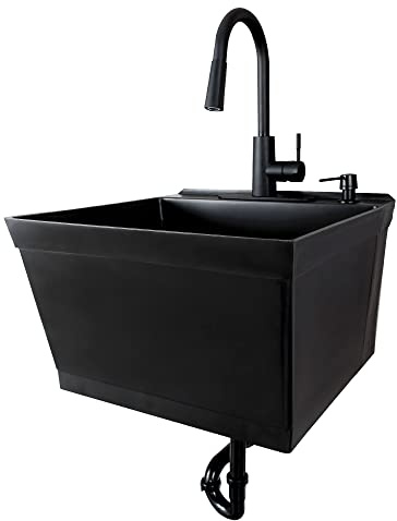 JS Jackson Supplies Tehila Black Wall-Mounted Utility Sink Tub Kit with Black Pull-Down Faucet, Wall-Mounted Utility Tub with Wall Bracket for Laundry Room, Garage, Workshop