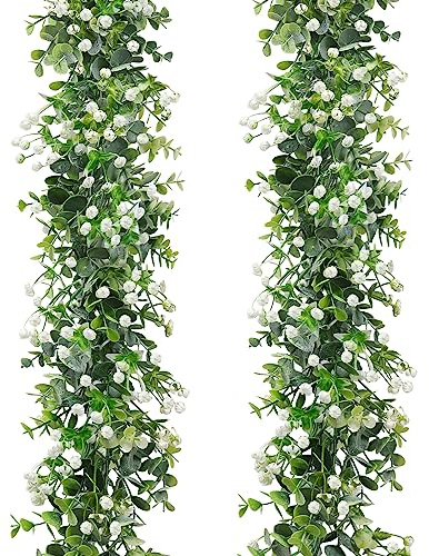 SOMYTING Faux Eucalyptus Garland 2 Pack Fake Vines Hanging Eucalyptus Babys Breath Greenery Garland Spring Garland for Mantle Table Wedding Backdrop Arch Party Wall Decor (2PCS)