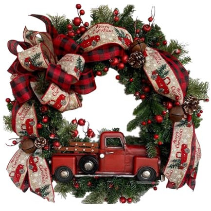 Amagogo Weihnachtskranz, rotes Auto, Dekor, dekorativer Kranz mit grünen Blättern, Winterkranz für Tür, Fenster, Büro, Kamin, Bauernhaus