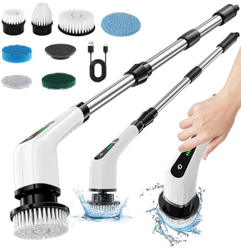 Elektrische Reinigungsbürste, Spin Scrubber Schnurlos Duschreinigungsbürste mit 8 Austauschbaren Bohrbürstenköpfen,Verstellbarem Griff für Bad,Küche,Auto Fußboden