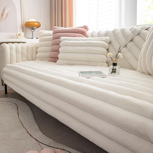 CANYUE Kaninchen Plüsch Sofabezug L Form 1/2/3/4 Sitzer Sofa Überzug, Weiche Dicke Plüschsofa Kissenbezüge, Sofaschutz Sofaüberwurfe Sofaschoner rutschfest Hund Katze (White,70x150cm)