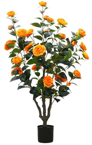 Olrla Künstlicher Kamelienbaum100 cm, künstliche Blumenpflanze im Topf mit orangefarbenen Blüten und grünen Blättern für die Innen und Außendekoration