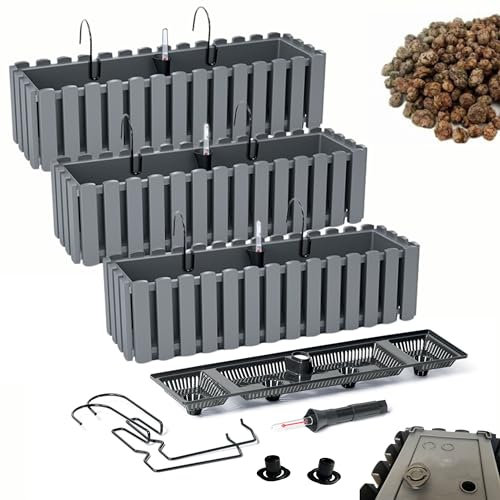 DIKEL 3X Jardinera para balcón - Jardinera de plástico - Maceta para balcón - Maceta Decorativa - DDEF600W + Arcilla expandida 3l - 180x580x165mm - Gris Piedra