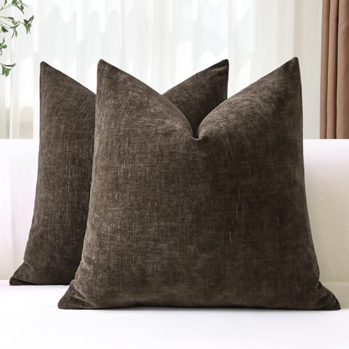 JOTOM Set med 2 kuddöverdrag 50 x 50 cm mjuk chenille brun dekorativ prydnadskudde överdrag 50 x 50 tum fyrkantig kudde fodral enfärgade kuddfodral för soffa vardagsrum säng heminredning (brun)