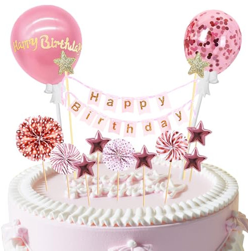 Vandomrise Decoración para Tartas de Cumpleaños 12 Piezas, Cake Topper Rosa Pastel Topper con Globo de Confeti, Bandera, Abanicos de Papel y Estrella