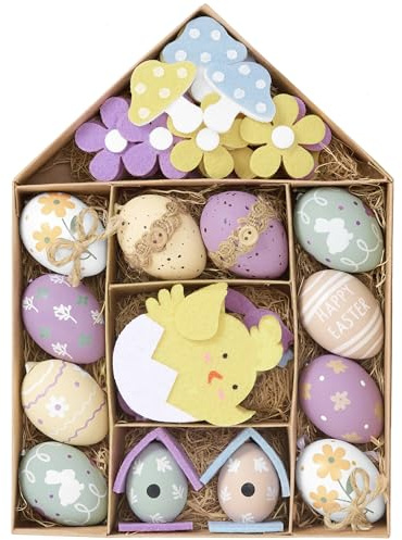 Valery Madelyn 40er Ostereier zum Aufhängen für Osterdeko,Modern künstliche Ostereier für Ostern Deko,Violett Gelbe Osterschmuck Filzküken Blumen für osterstrauch Frühlingsdeko,Ostern Geschenke (L)